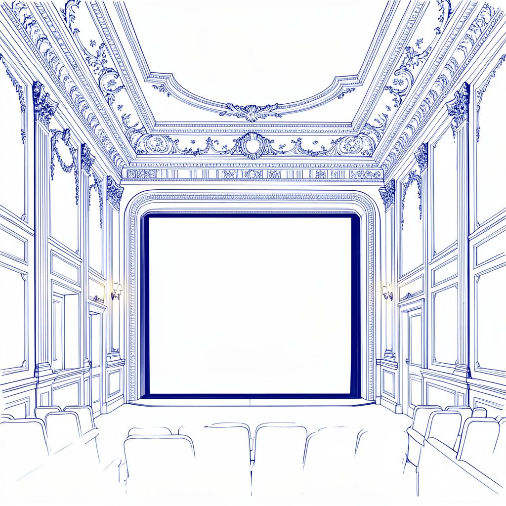 A vintage cinema interior with ornate ceiling moldings, a grand screen, and warm ambient lighting