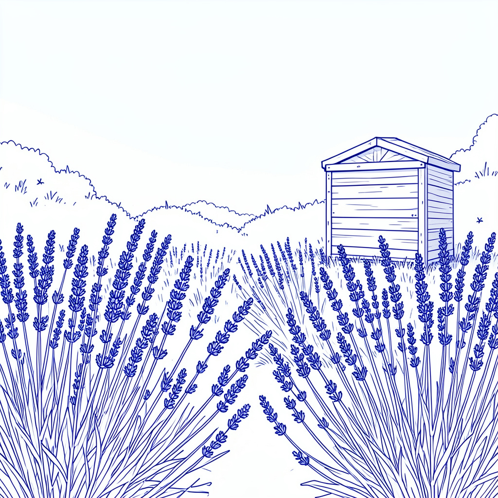 A sun-drenched garden with flowering lavender and a wooden beehive in the background under a clear sky