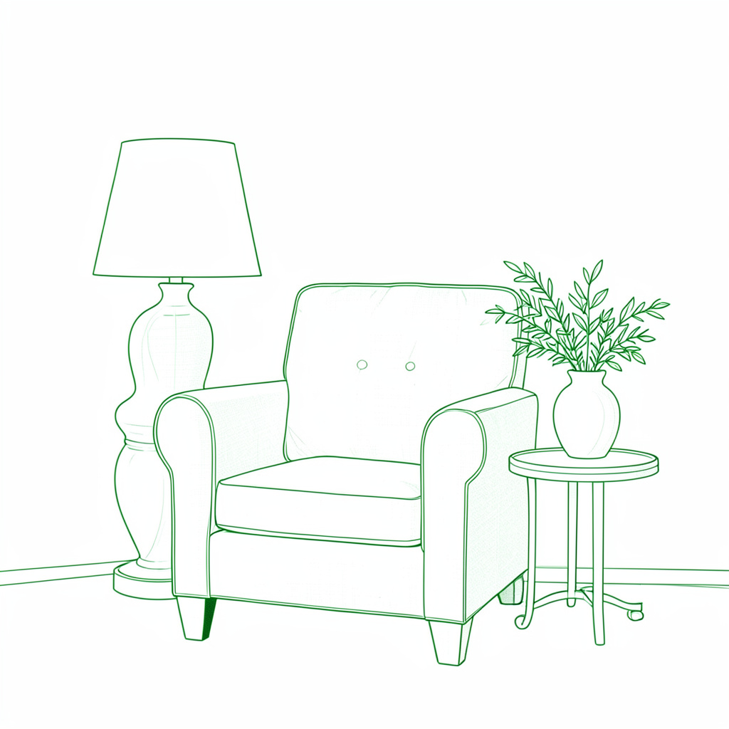 A cozy living room corner with a linen-upholstered armchair, a ceramic table lamp, and a small side table holding a vase of greenery