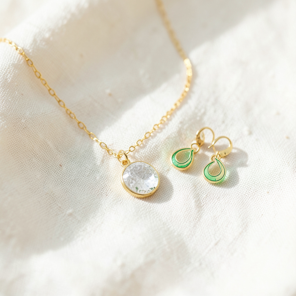 A delicate gold necklace and a pair of earrings resting on a linen cloth in soft natural light, warm ivory and gold tones
