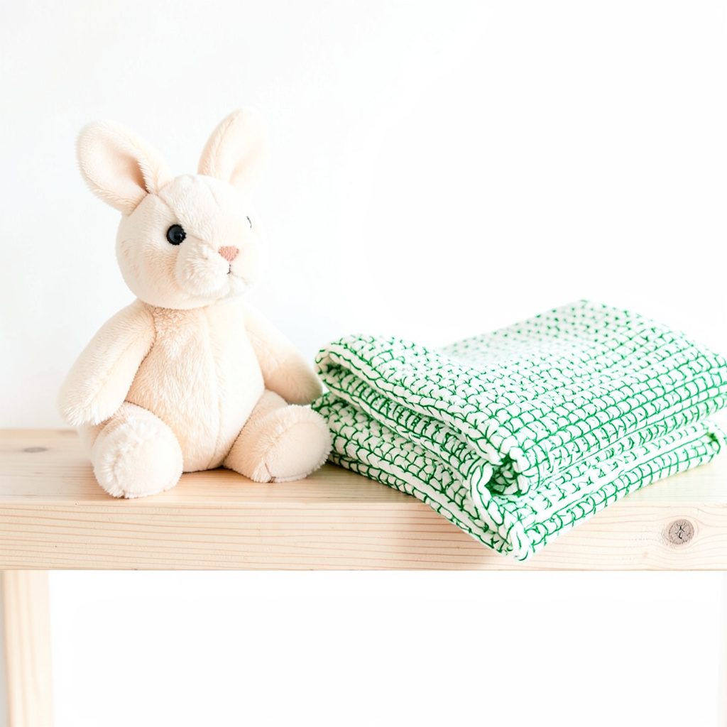 A soft plush rabbit toy and a knitted baby blanket folded on a wooden shelf, gentle cream and blush tones