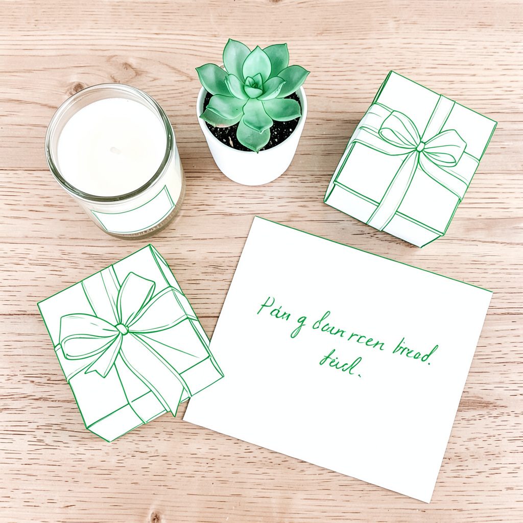 A flat lay of assorted gift items including a candle, a small potted succulent, a ribbon-tied box, and a handwritten card on a wooden table