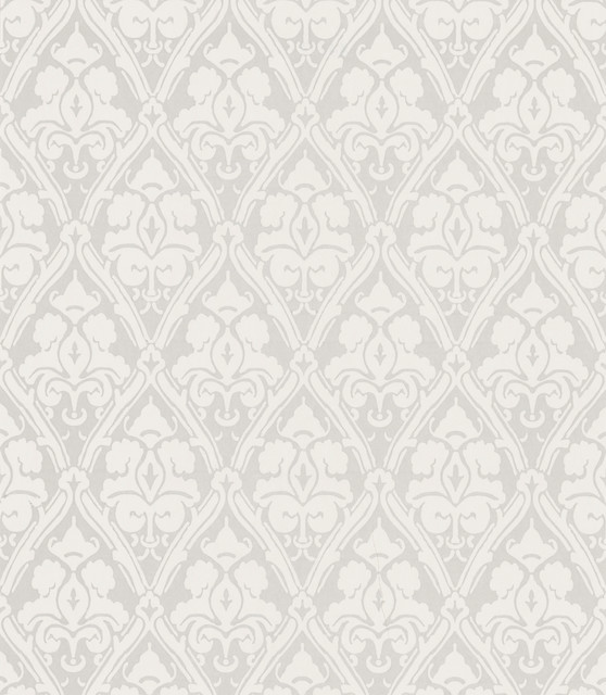 Light gray and white damask pattern wallpaper design, repeating floral motif, soft neutral tones